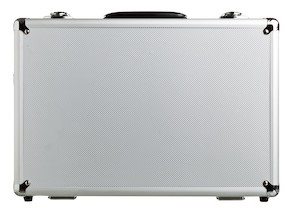 Open aluminum case with rifle