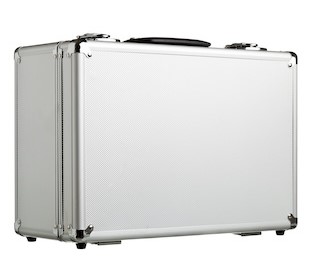 Open aluminum case with rifle